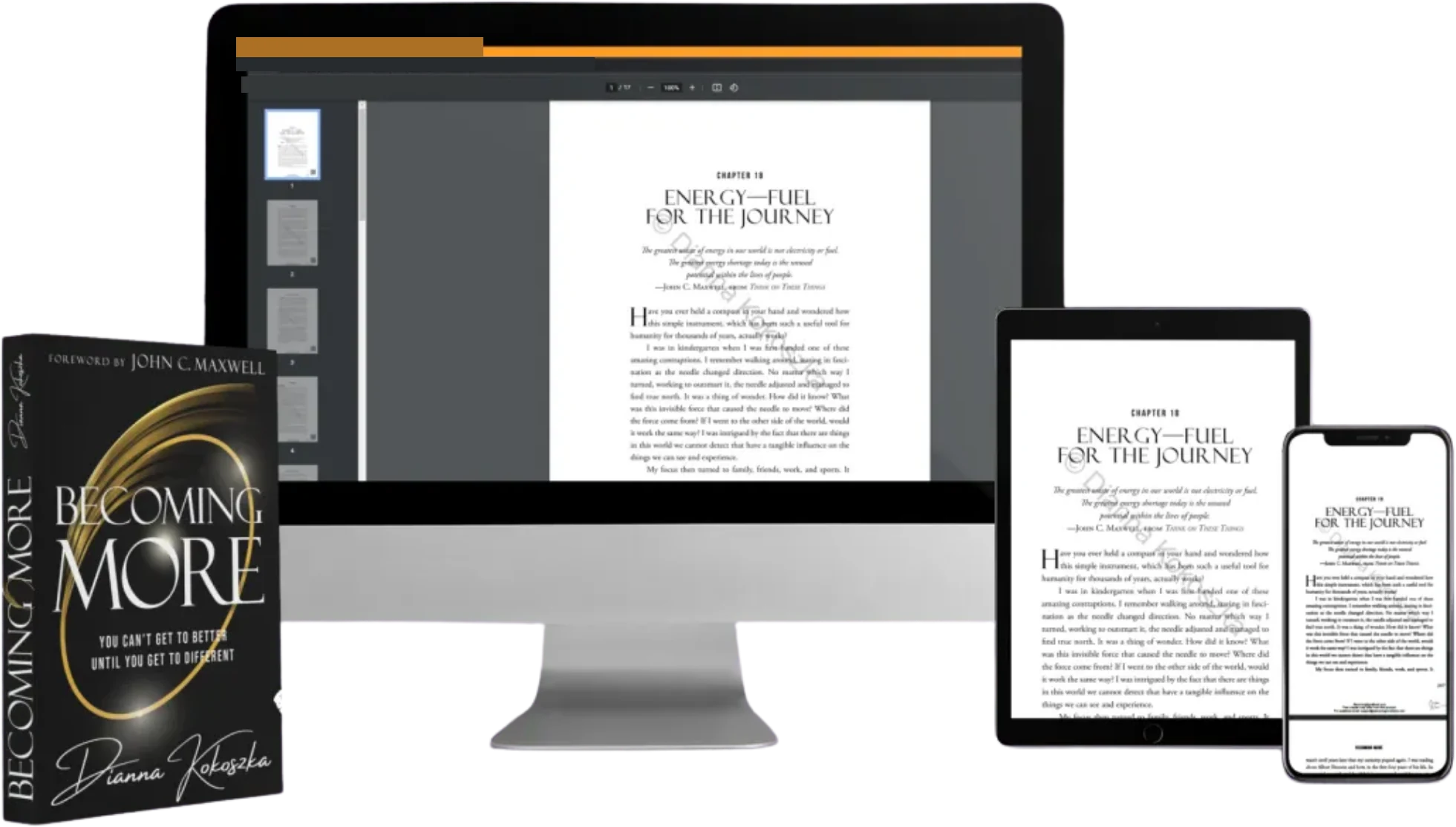 Chapter 18, Energy - Fuel for the Journey, shown in the hardback of Becoming More and on a monitor, a tablet and a phone